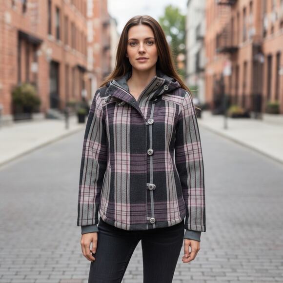 Columbia Women's Black Maroon Plaid Wool Blend Jacket - S - Picture 1 of 10